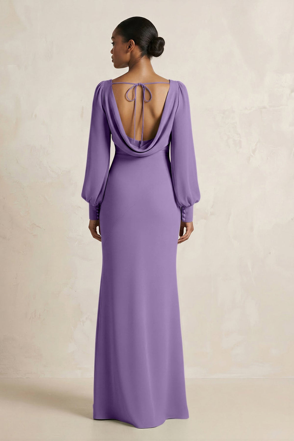 Long Sleeve V - Neck Sheath Chiffon Bridesmaid Dress in Tahiti - KISS BRIDAL Bridesmaid Dresses