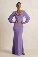 Long Sleeve V - Neck Sheath Chiffon Bridesmaid Dress in Tahiti - SHE IS ME Bridesmaid Dresses