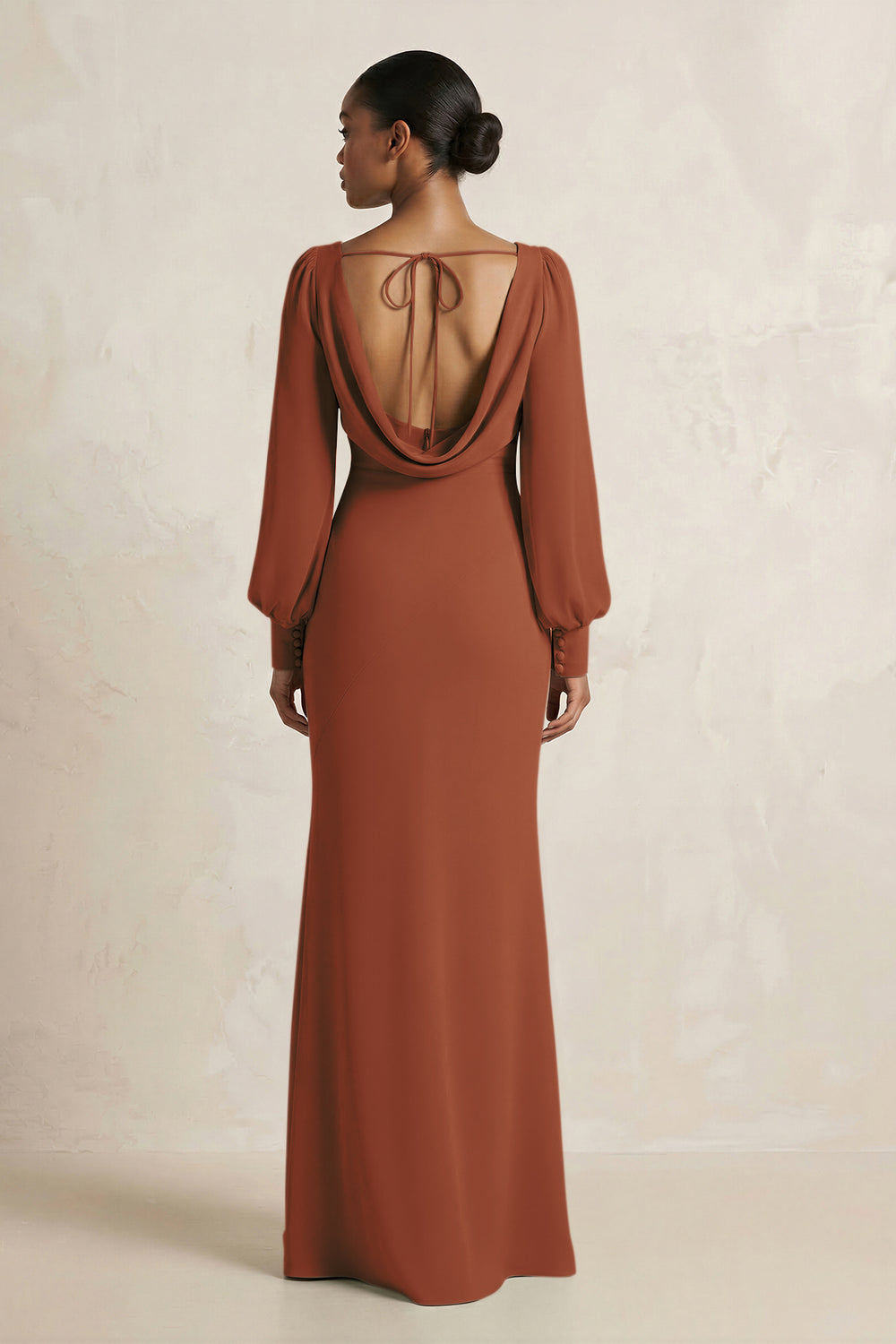 Long Sleeve V-Neck Sheath Chiffon Bridesmaid Dress in Terracotta