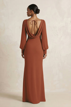 Long Sleeve V-Neck Sheath Chiffon Bridesmaid Dress in Terracotta (2) | KISSBRIDAL