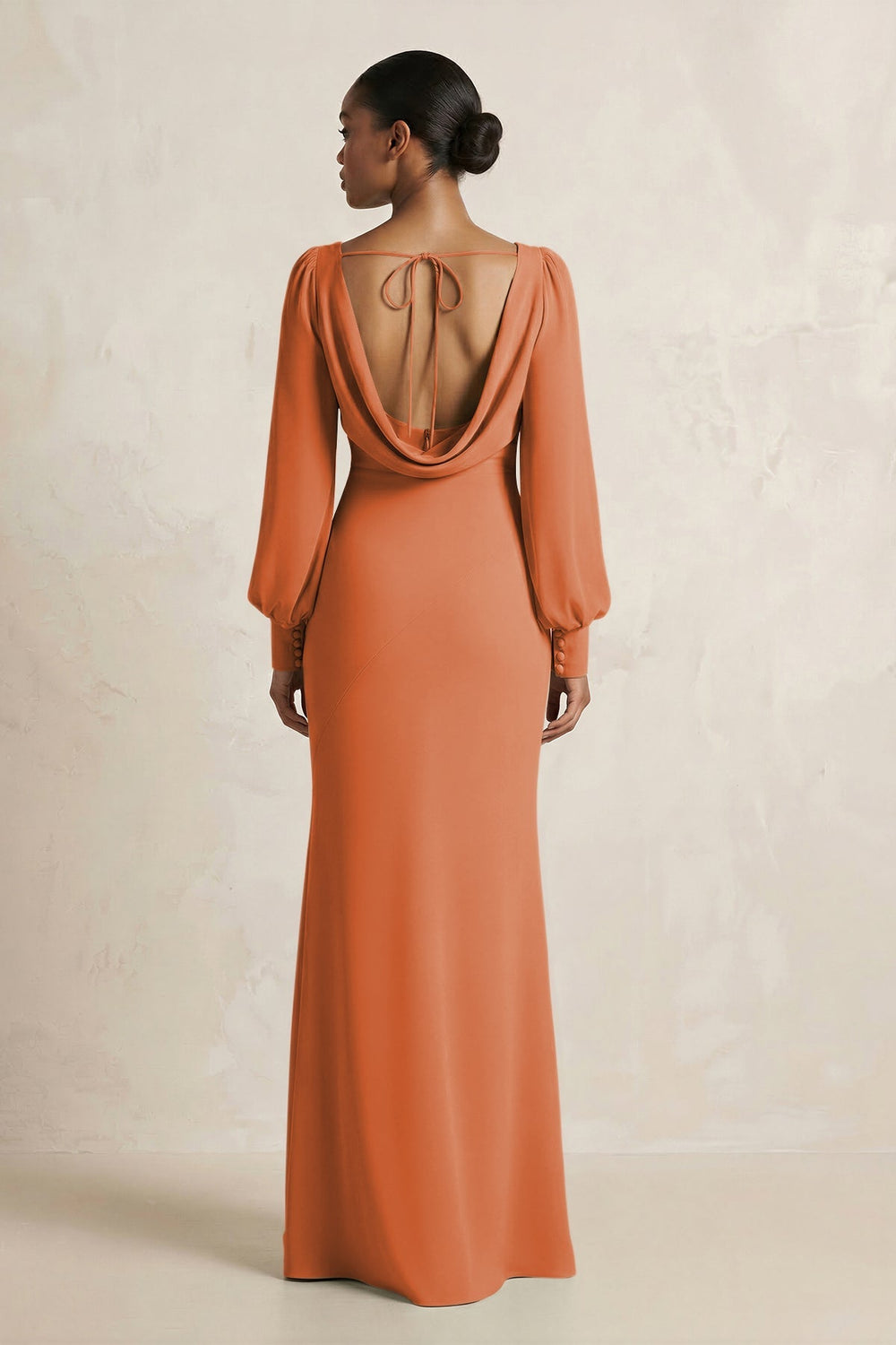 Long Sleeve V - Neck Sheath Chiffon Bridesmaid Dress in Terracotta - KISS BRIDAL Bridesmaid Dresses