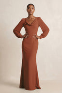 Long Sleeve V-Neck Sheath Chiffon Bridesmaid Dress in Terracotta | KISSBRIDAL