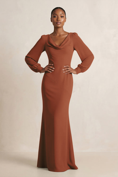 Long Sleeve V-Neck Sheath Chiffon Bridesmaid Dress in Terracotta | KISSBRIDAL