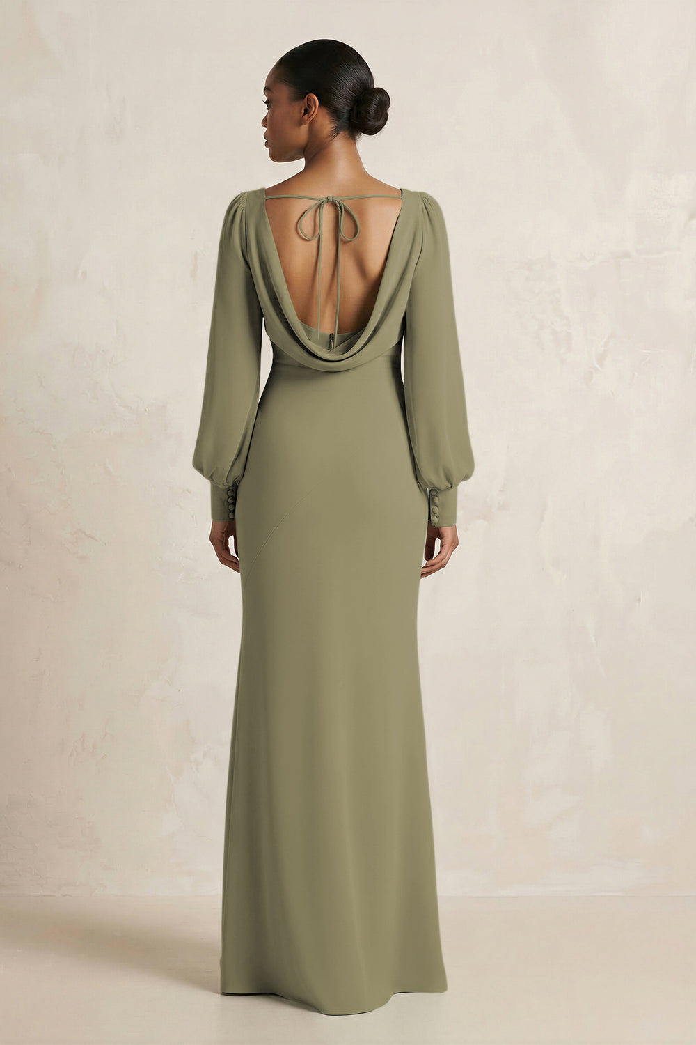 Long Sleeve V-Neck Sheath Chiffon Bridesmaid Dress in Thyme