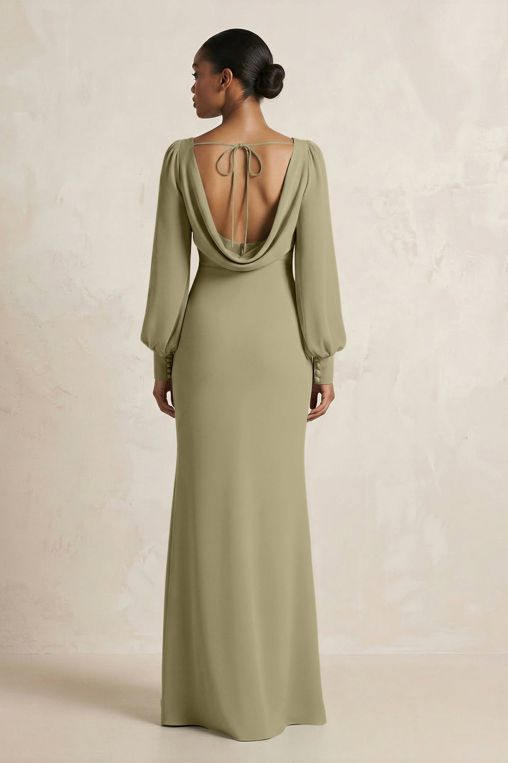 Long Sleeve V - Neck Sheath Chiffon Bridesmaid Dress in Thyme - KISS BRIDAL Bridesmaid Dresses