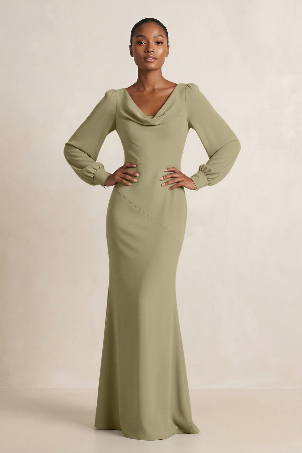 Long Sleeve V - Neck Sheath Chiffon Bridesmaid Dress in Thyme - KISS BRIDAL Bridesmaid Dresses