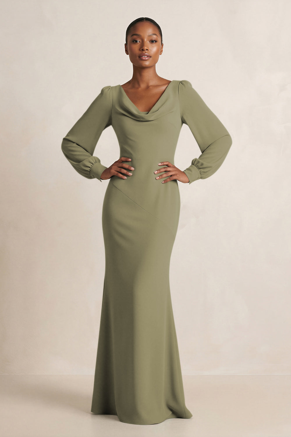 Long Sleeve V-Neck Sheath Chiffon Bridesmaid Dress in Thyme