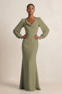Long Sleeve V-Neck Sheath Chiffon Bridesmaid Dress in Thyme | KISSBRIDAL