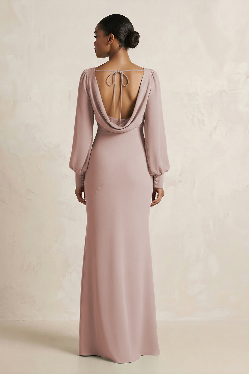 Long Sleeve V-Neck Sheath Chiffon Bridesmaid Dress in Toffee