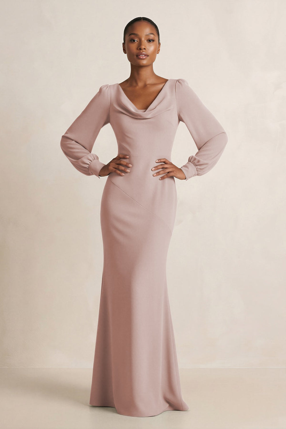 Long Sleeve V - Neck Sheath Chiffon Bridesmaid Dress in Toffee - KISS BRIDAL Bridesmaid Dresses