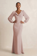 Long Sleeve V - Neck Sheath Chiffon Bridesmaid Dress in Toffee - SHE IS ME Bridesmaid Dresses