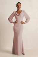 Long Sleeve V-Neck Sheath Chiffon Bridesmaid Dress in Toffee | KISSBRIDAL