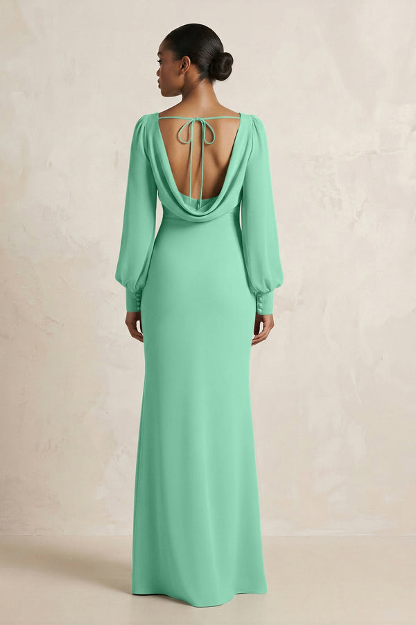 Long Sleeve V - Neck Sheath Chiffon Bridesmaid Dress in Turquoise - SHE IS ME Bridesmaid Dresses