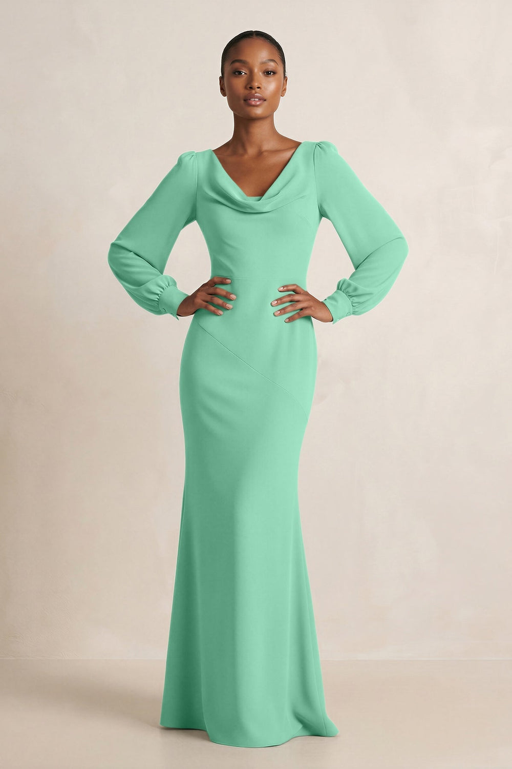Long Sleeve V - Neck Sheath Chiffon Bridesmaid Dress in Turquoise - KISS BRIDAL Bridesmaid Dresses