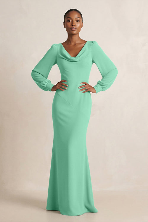 Long Sleeve V - Neck Sheath Chiffon Bridesmaid Dress in Turquoise - SHE IS ME Bridesmaid Dresses