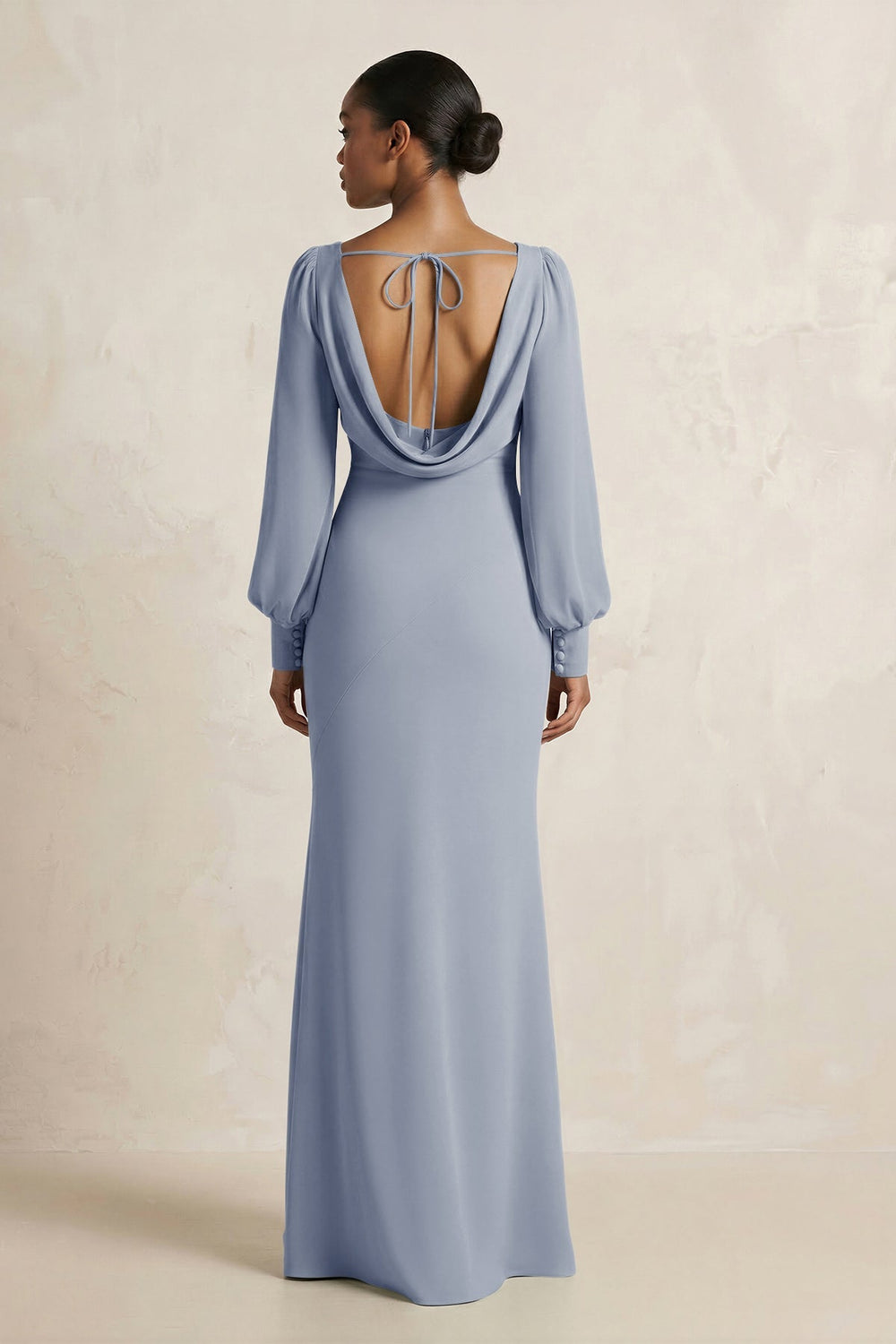 Long Sleeve V - Neck Sheath Chiffon Bridesmaid Dress in Twilight - KISS BRIDAL Bridesmaid Dresses