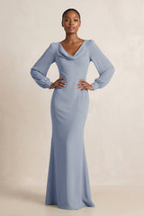 Long Sleeve V - Neck Sheath Chiffon Bridesmaid Dress in Twilight - KISS BRIDAL Bridesmaid Dresses