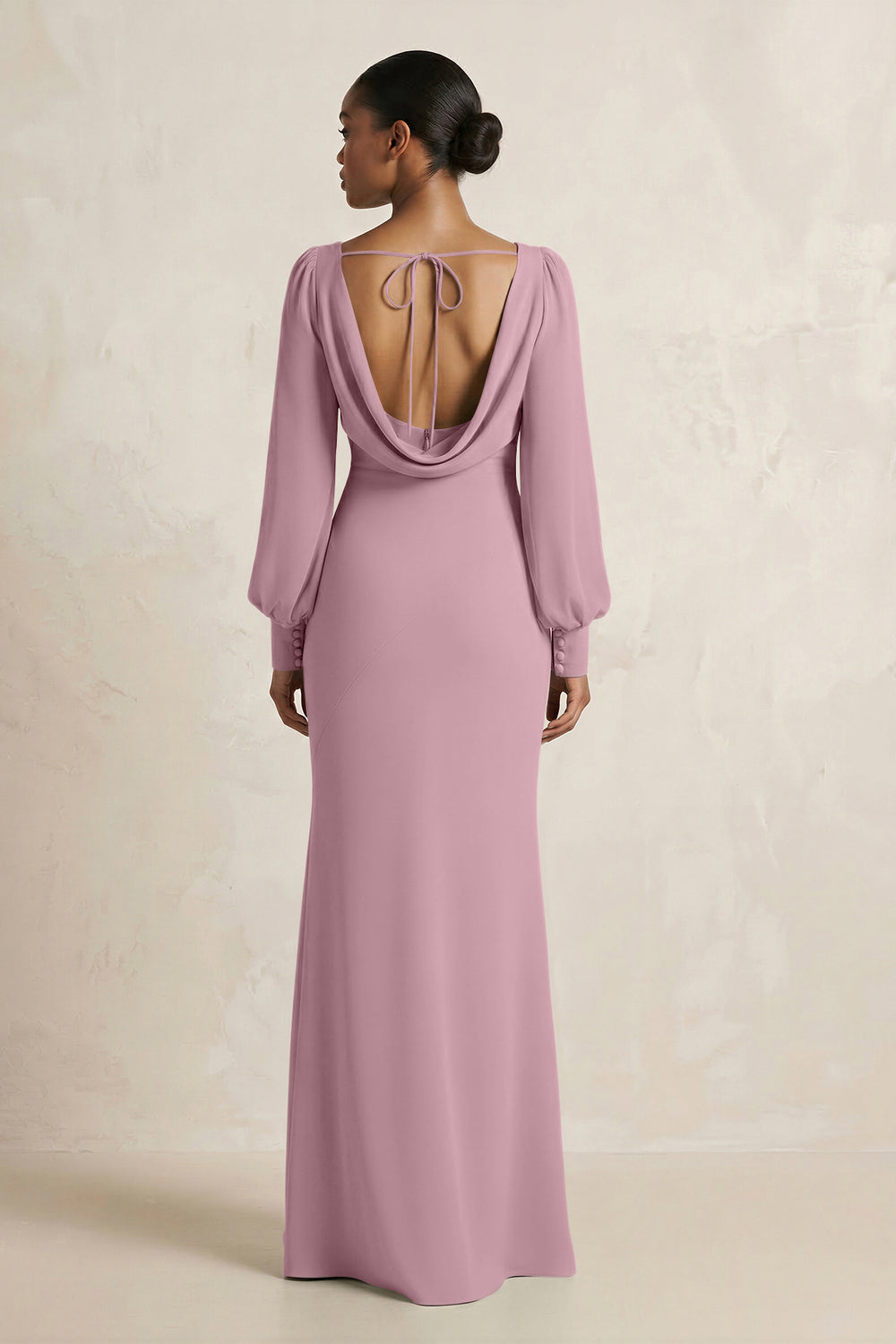 Long Sleeve V-Neck Sheath Chiffon Bridesmaid Dress in Vintage Mauve