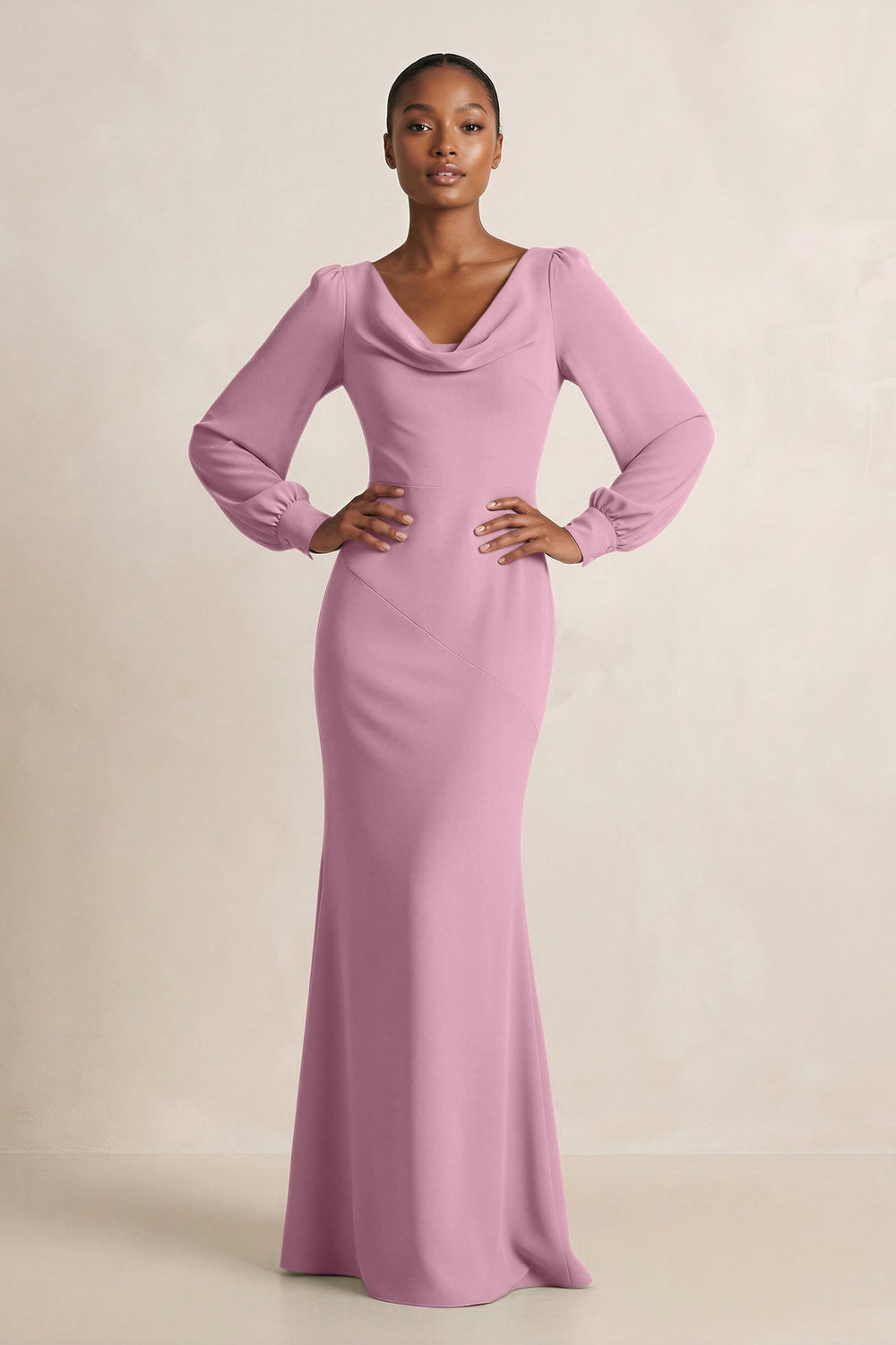 Long Sleeve V - Neck Sheath Chiffon Bridesmaid Dress in Vintage Mauve - KISS BRIDAL Bridesmaid Dresses