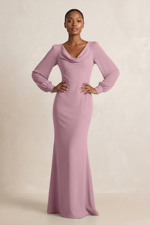 Long Sleeve V-Neck Sheath Chiffon Bridesmaid Dress in Vintage Mauve | KISSBRIDAL