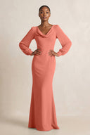 Long Sleeve V - Neck Sheath Chiffon Bridesmaid Dress in Wild Rose - SHE IS ME Bridesmaid Dresses