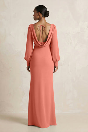 Long Sleeve V - Neck Sheath Chiffon Bridesmaid Dress in Wild Rose - SHE IS ME Bridesmaid Dresses