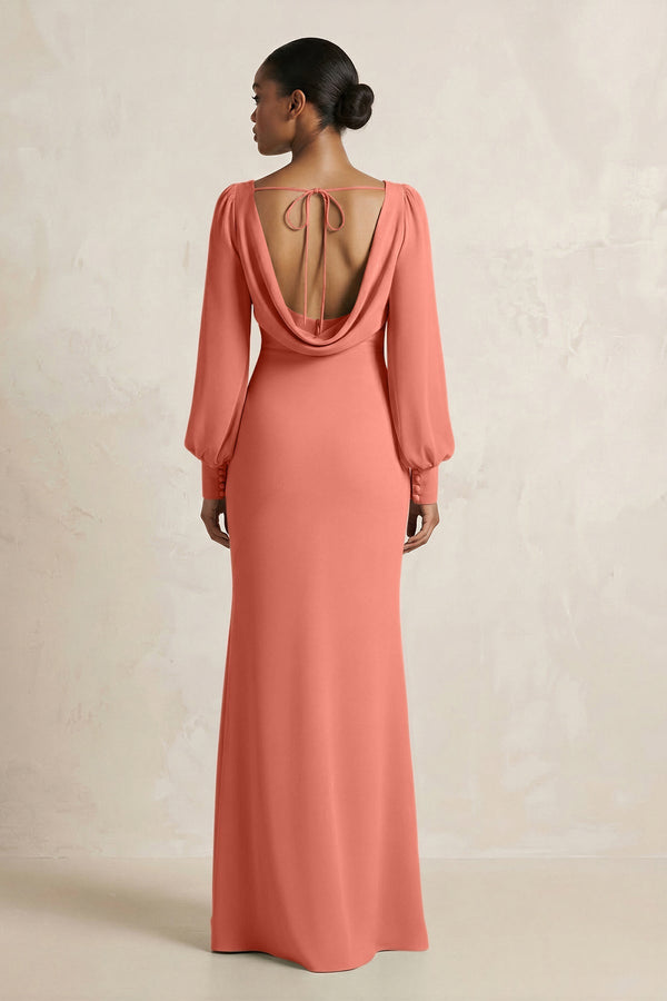 Long Sleeve V - Neck Sheath Chiffon Bridesmaid Dress in Wild Rose - SHE IS ME Bridesmaid Dresses