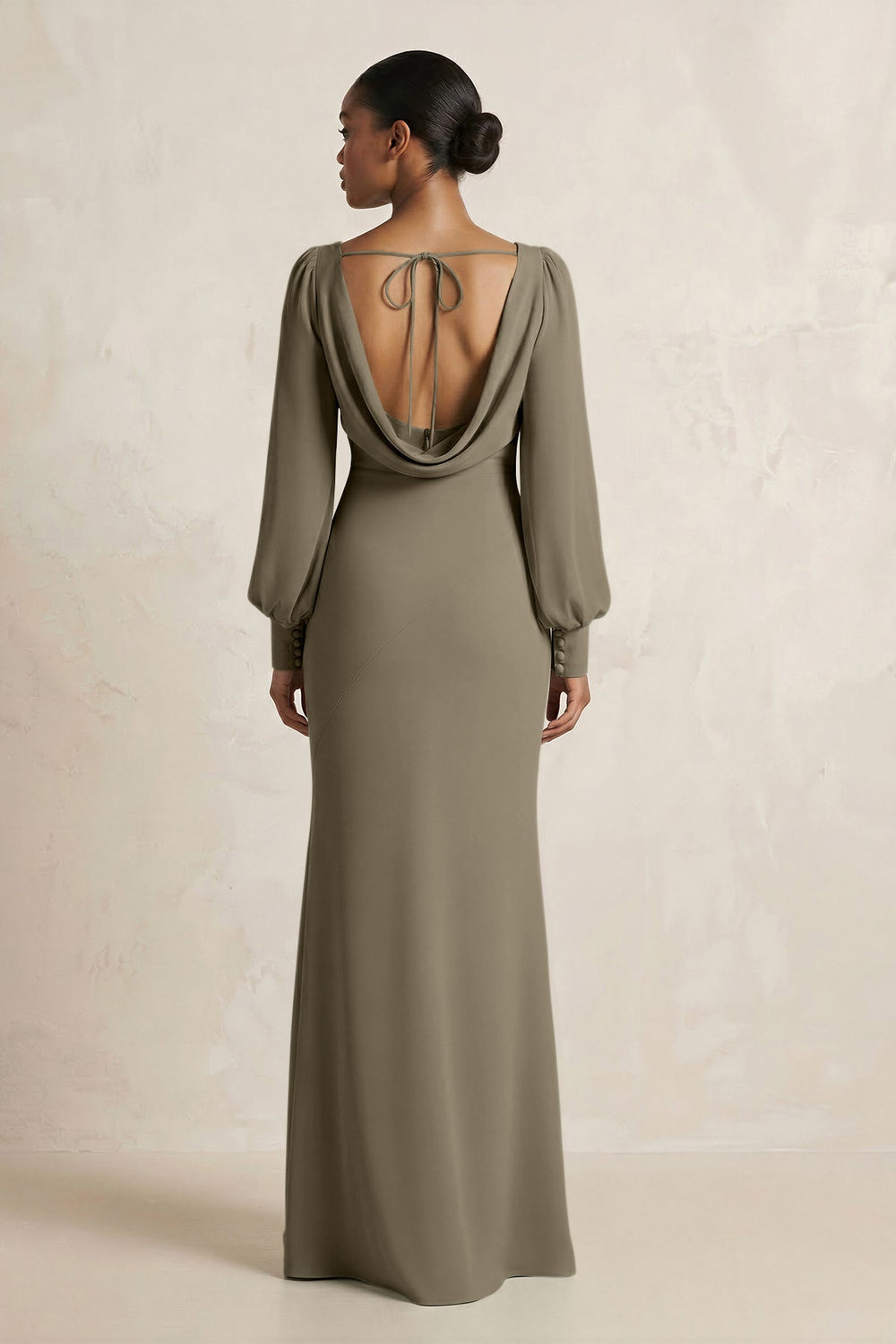 Long Sleeve V - Neck Sheath Chiffon Bridesmaid Dress in Willow Green - KISS BRIDAL Bridesmaid Dresses