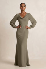 Long Sleeve V - Neck Sheath Chiffon Bridesmaid Dress in Willow Green - KISS BRIDAL Bridesmaid Dresses