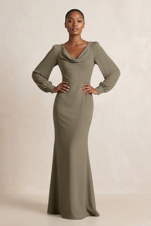 Long Sleeve V - Neck Sheath Chiffon Bridesmaid Dress in Willow Green - SHE IS ME Bridesmaid Dresses