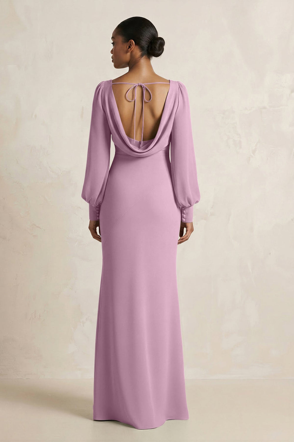 Long Sleeve V - Neck Sheath Chiffon Bridesmaid Dress in Wisteria - KISS BRIDAL Bridesmaid Dresses