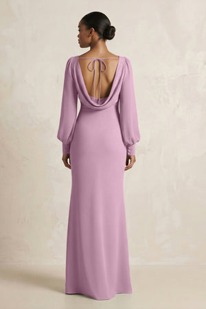 Long Sleeve V - Neck Sheath Chiffon Bridesmaid Dress in Wisteria - SHE IS ME Bridesmaid Dresses