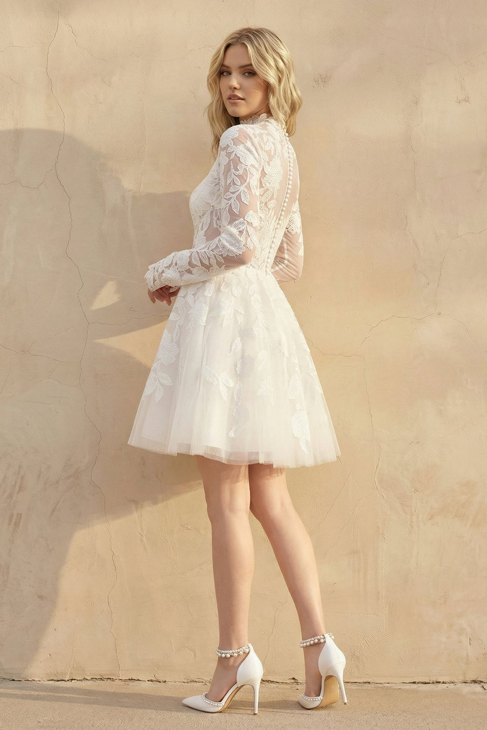 Long Sleeves A Line Lace Wedding Dress in Ivory - SHE IS ME Wedding Dresses