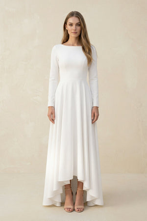 Long Sleeves A Line Satin High Low Wedding Dress in White - SHE IS ME Wedding Dresses