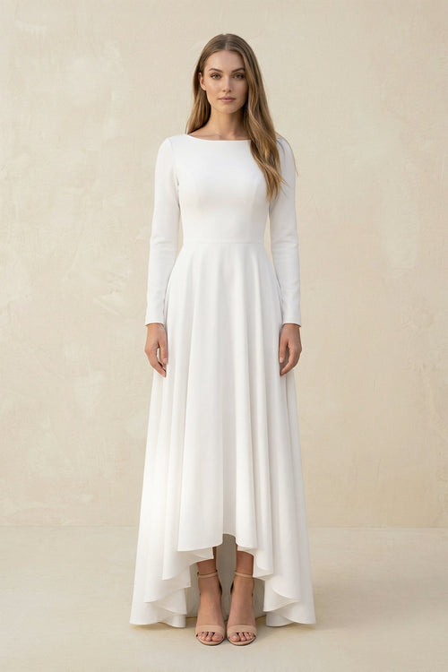 Long Sleeves A Line Satin High Low Wedding Dress in White - SHE IS ME Wedding Dresses