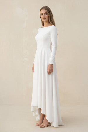 Long Sleeves A Line Satin High Low Wedding Dress in White - SHE IS ME Wedding Dresses