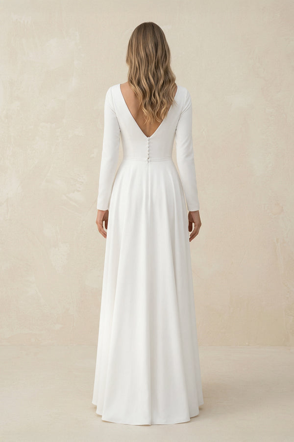 Long Sleeves A Line Satin High Low Wedding Dress in White - SHE IS ME Wedding Dresses