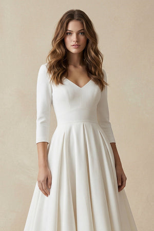 Long Sleeves A Line Satin Wedding Dress in White - SHE IS ME Wedding Dresses