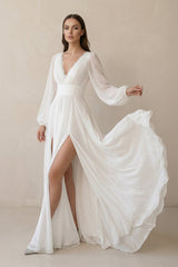 Long Sleeves Chiffon Wedding Dress With Slit in White - KISS BRIDAL Wedding Dresses