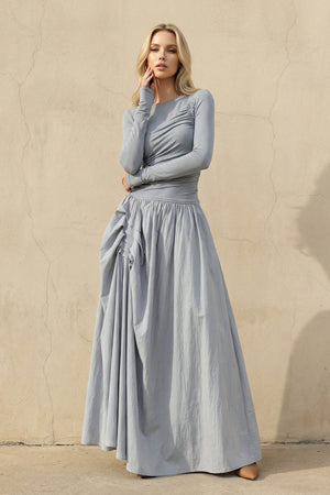 Long Sleeves Ruched Maxi Dress in Dusty Blue - SHE IS ME
