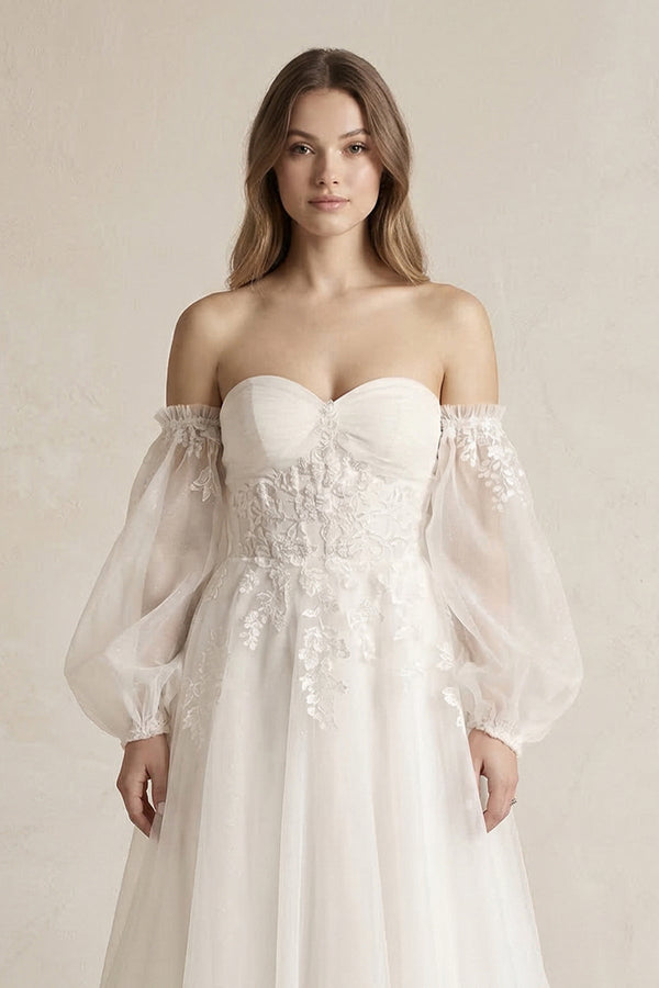 Long Sleeves Tulle A - Line Off - the - Shoulder Wedding Dress in White - SHE IS ME Wedding Dresses