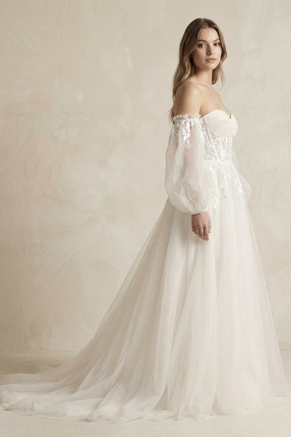 Long Sleeves Tulle A - Line Off - the - Shoulder Wedding Dress in White - KISS BRIDAL Wedding Dresses
