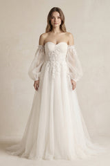 Long Sleeves Tulle A - Line Off - the - Shoulder Wedding Dress in White - KISS BRIDAL Wedding Dresses