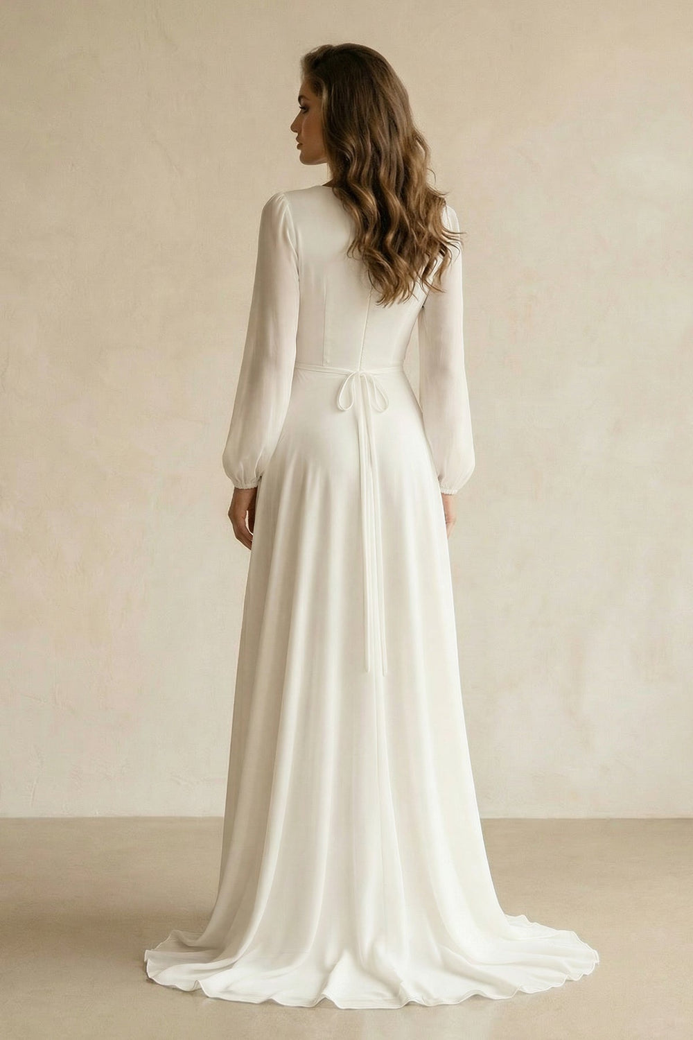 Long Sleeves V - Neck Chiffon A - Line Wedding Dress in White - KISS BRIDAL Wedding Dresses