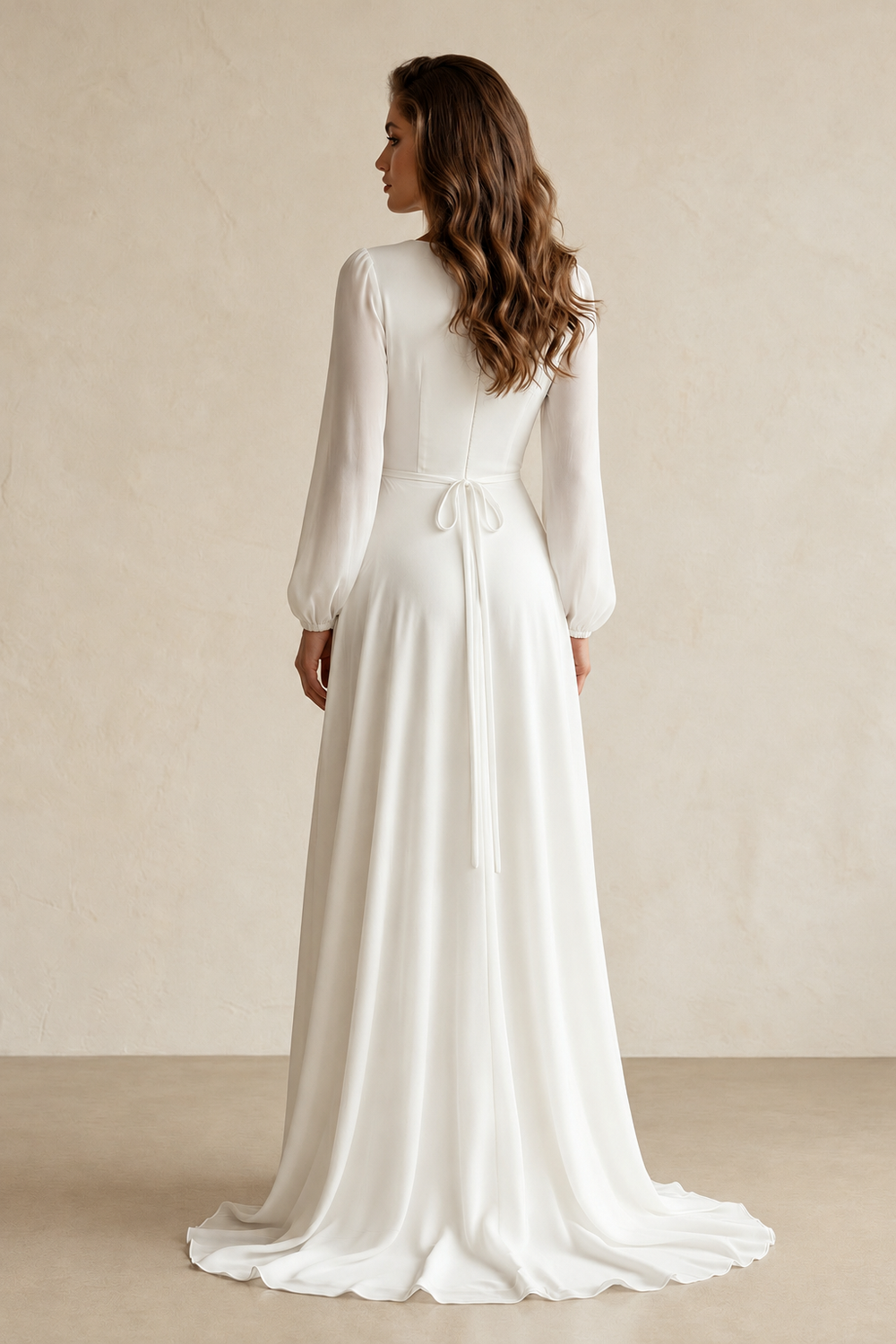 Long Sleeves V-Neck Chiffon A-Line Wedding Dress in White