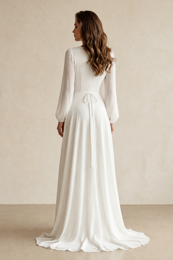 Long Sleeves V - Neck Chiffon A - Line Wedding Dress in White - KISS BRIDAL Wedding Dresses