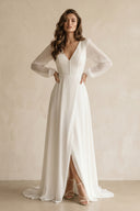 Long Sleeves V - Neck Chiffon A - Line Wedding Dress in White - KISS BRIDAL Wedding Dresses