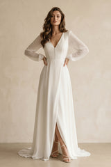 Long Sleeves V - Neck Chiffon A - Line Wedding Dress in White - KISS BRIDAL Wedding Dresses