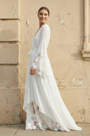 Long Sleeves V Neck Lace Wedding Dress in White - SHE IS ME Wedding Dresses