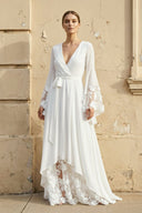 Long Sleeves V Neck Lace Wedding Dress in White - SHE IS ME Wedding Dresses